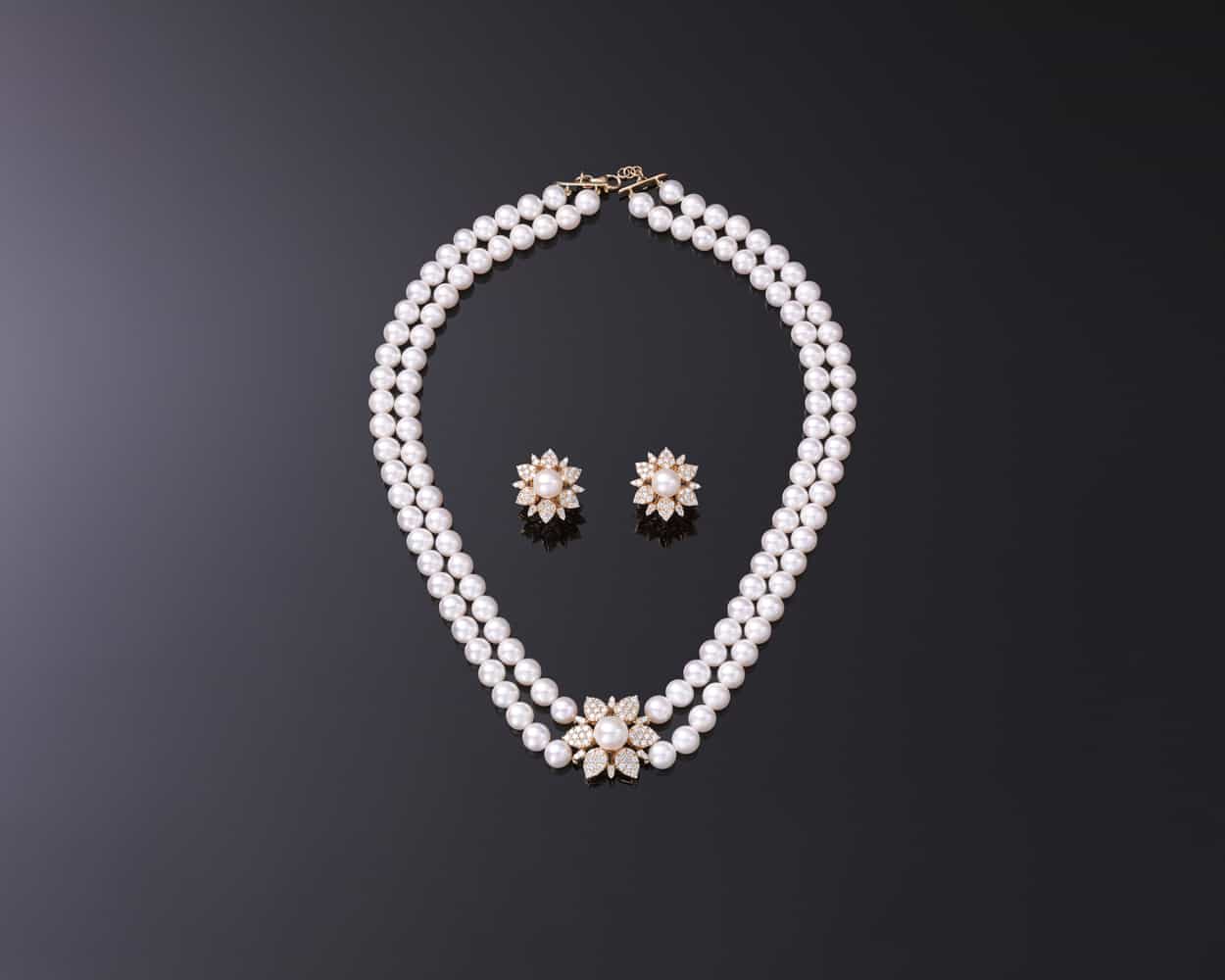 A necklace with two earrings photographed from above to show small design