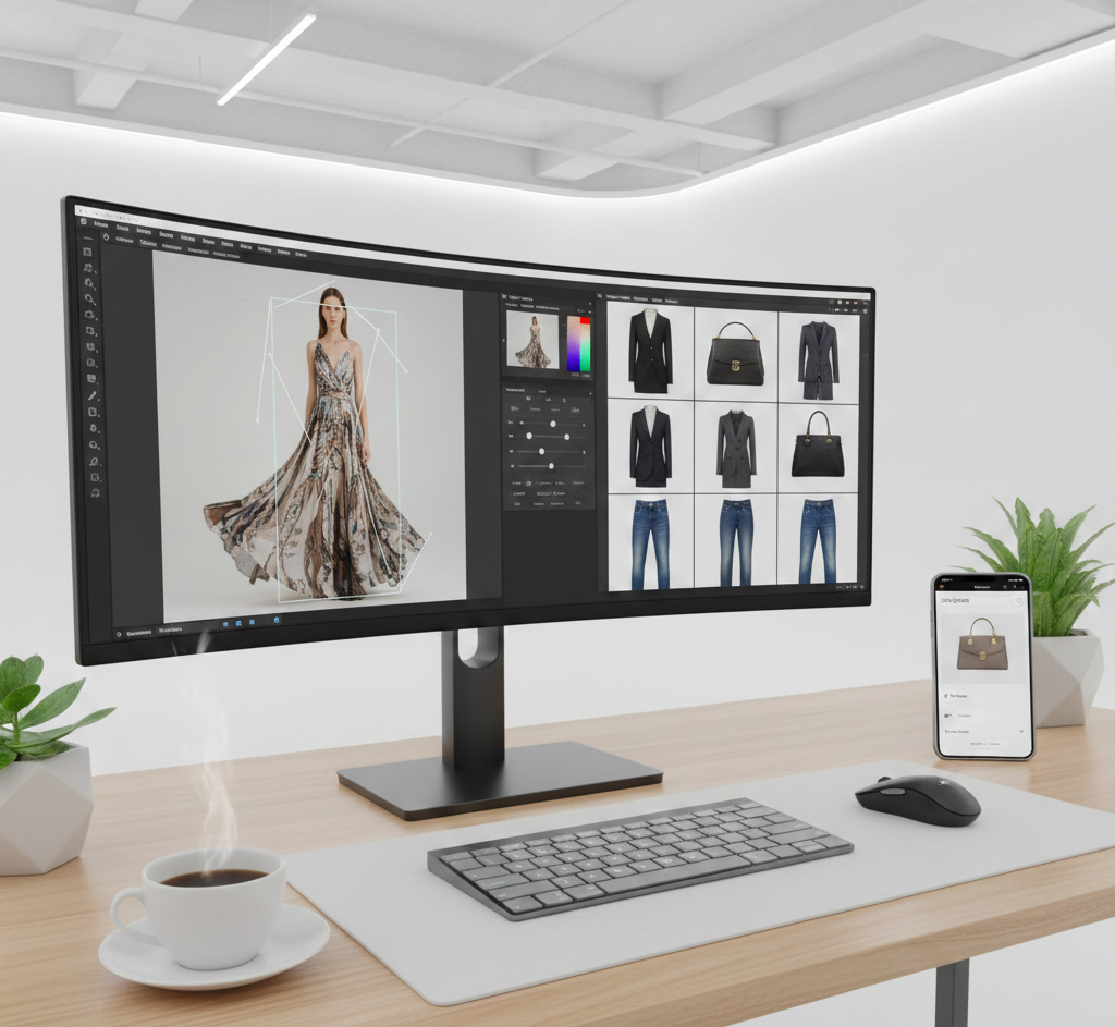 Wise Monkeys professional campaign editing workflow showing fashion photography color matching on a curved monitor and mobile device.