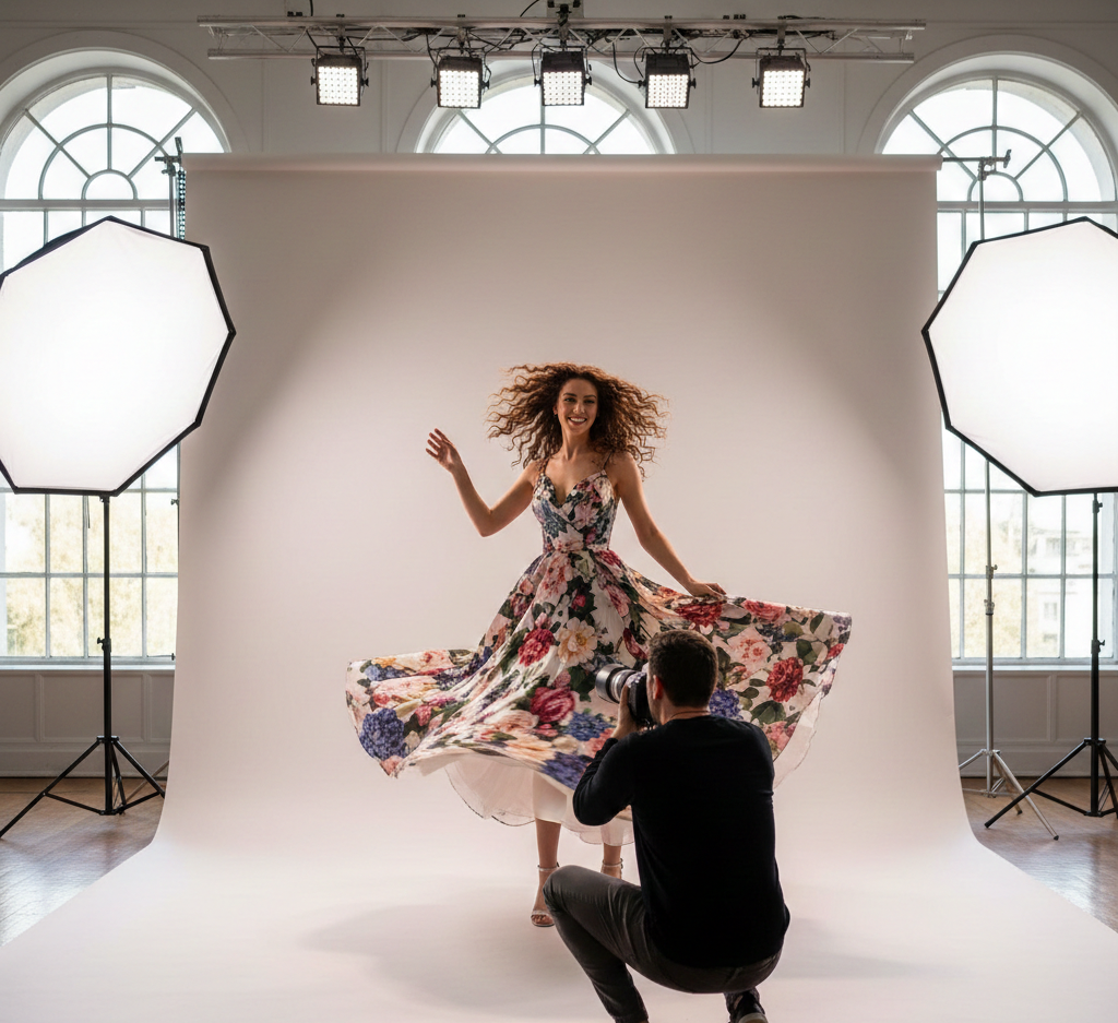 Professional fashion photoshoot by Wise Monkeys featuring a female model in a floral dress performing a motion pose with studio lighting and a photographer.